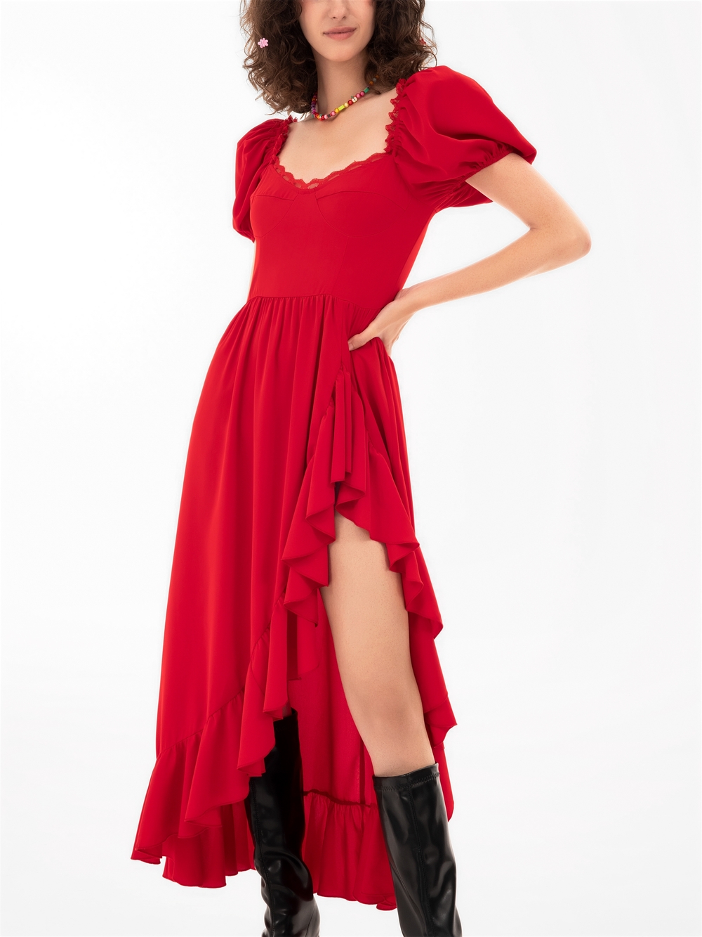 Cider Red Puff-Sleeve High-Low Ruffle Maxi Dress - Picture 2 of 5